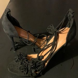 BNWT Fringe Ankle Tie Up Heels. Sz. 9. Never Worn. Can be tied up leg or ankle..